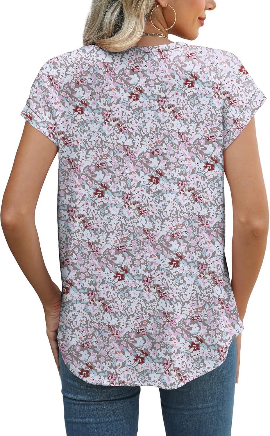 imageXIEERDUO Womens Tops Short Sleeve Shirts Blouses for Women Dressy Casual Cap Sleeve Tops with Curved HemSpink Blue Floral