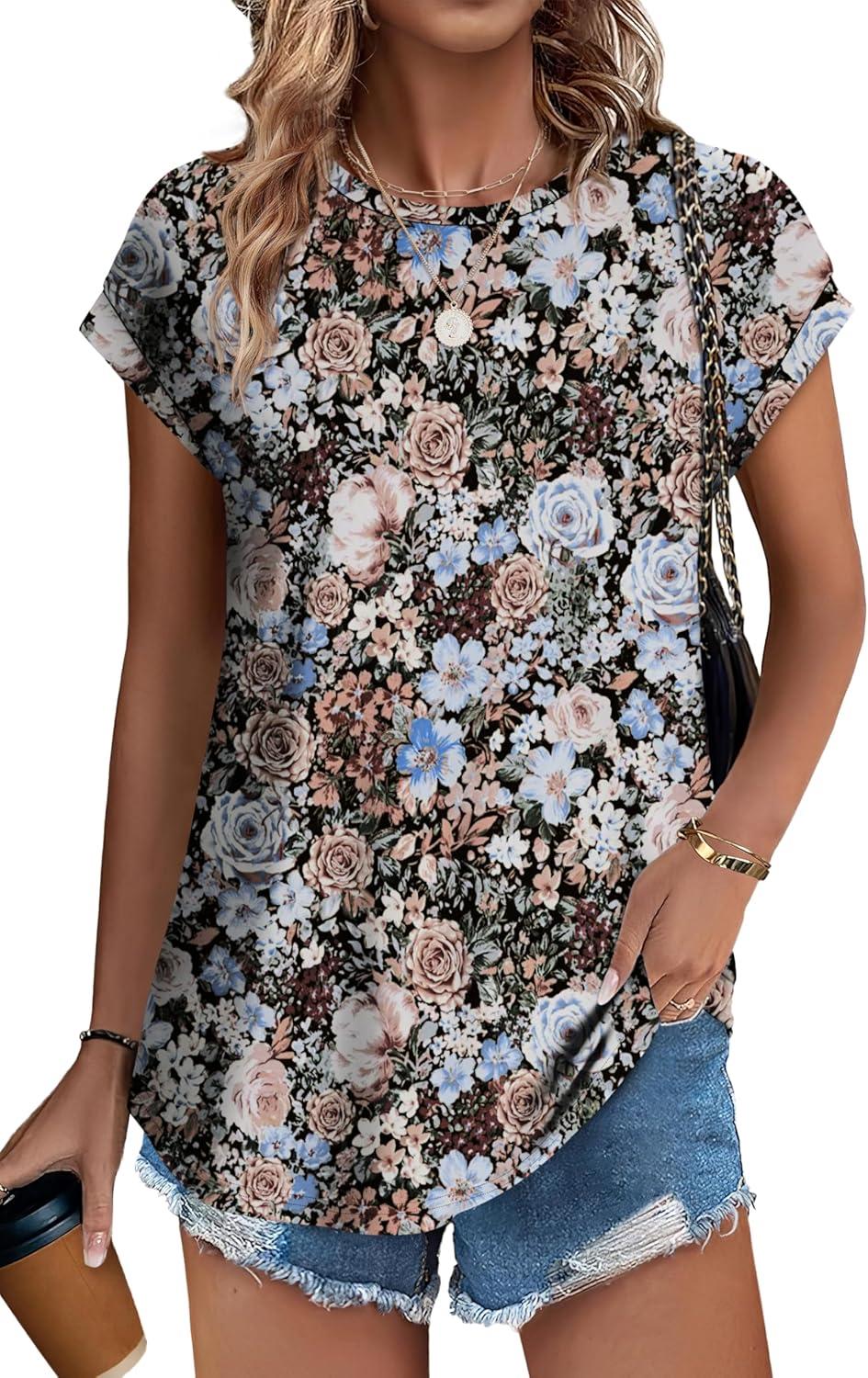 imageXIEERDUO Womens Tops Short Sleeve Shirts Blouses for Women Dressy Casual Cap Sleeve Tops with Curved HemTblack Floral