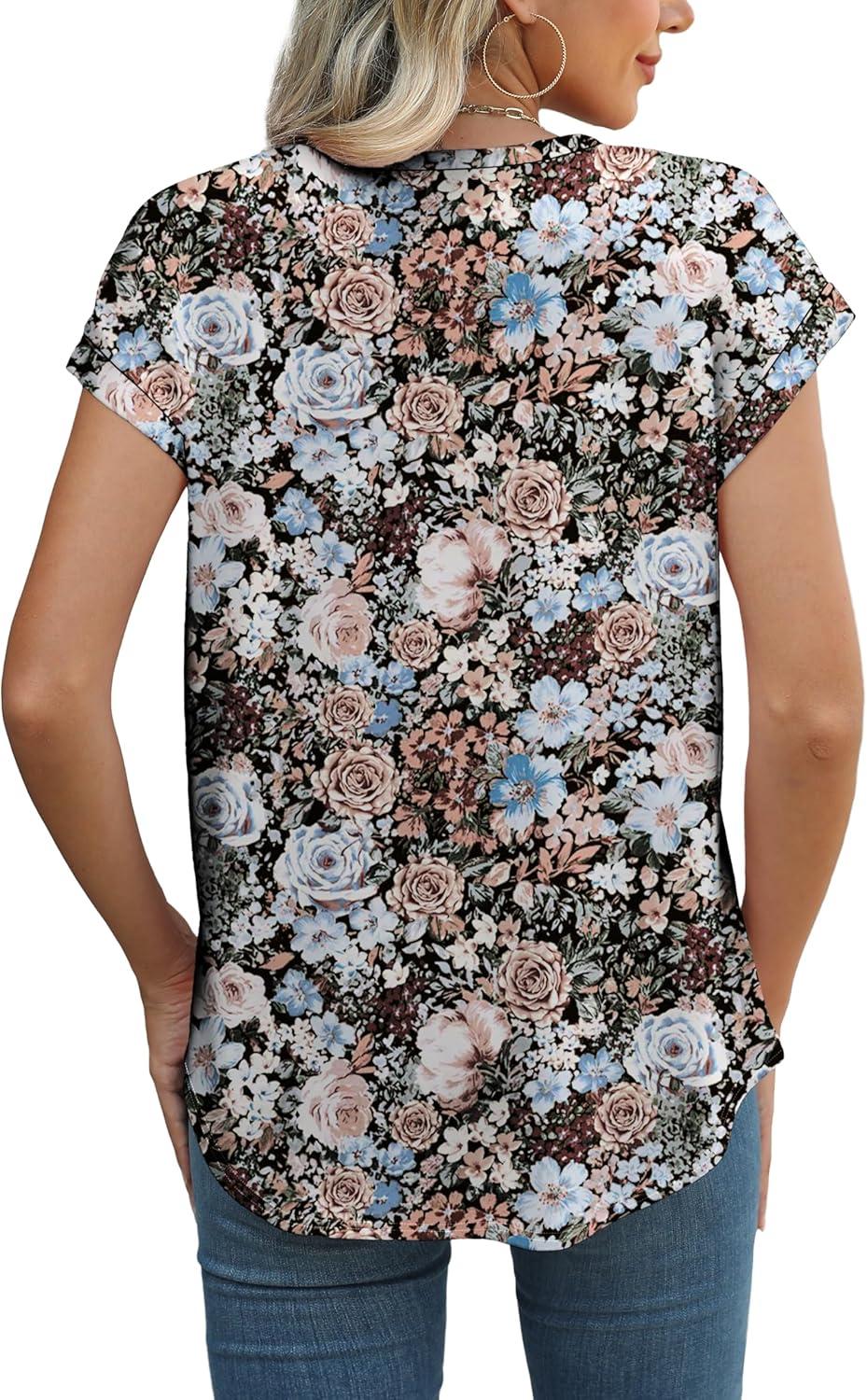 imageXIEERDUO Womens Tops Short Sleeve Shirts Blouses for Women Dressy Casual Cap Sleeve Tops with Curved HemTblack Floral