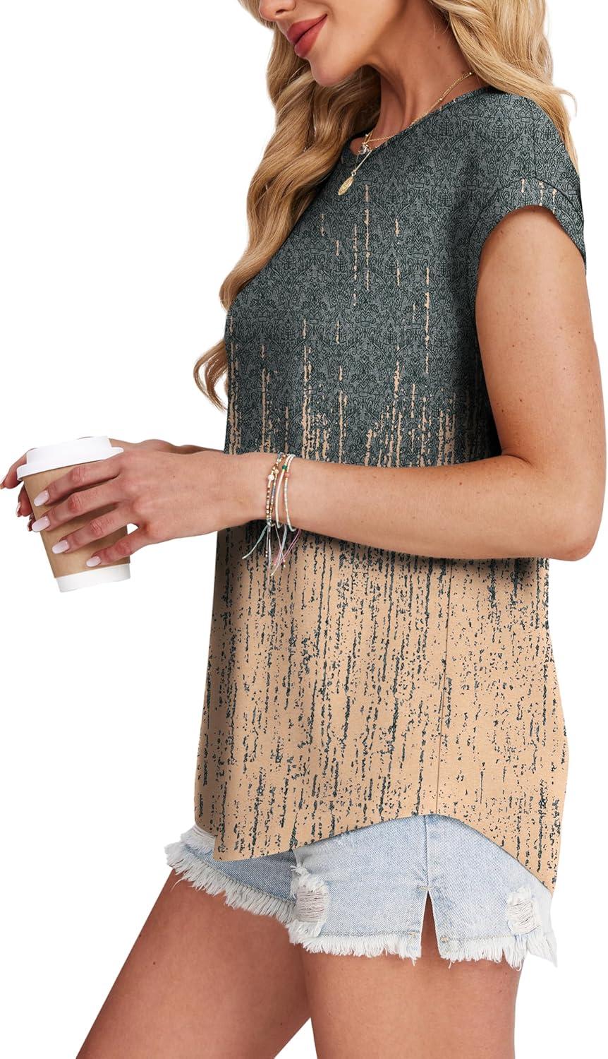 imageXIEERDUO Womens Tops Short Sleeve Shirts Blouses for Women Dressy Casual Cap Sleeve Tops with Curved HemVgrey Pink