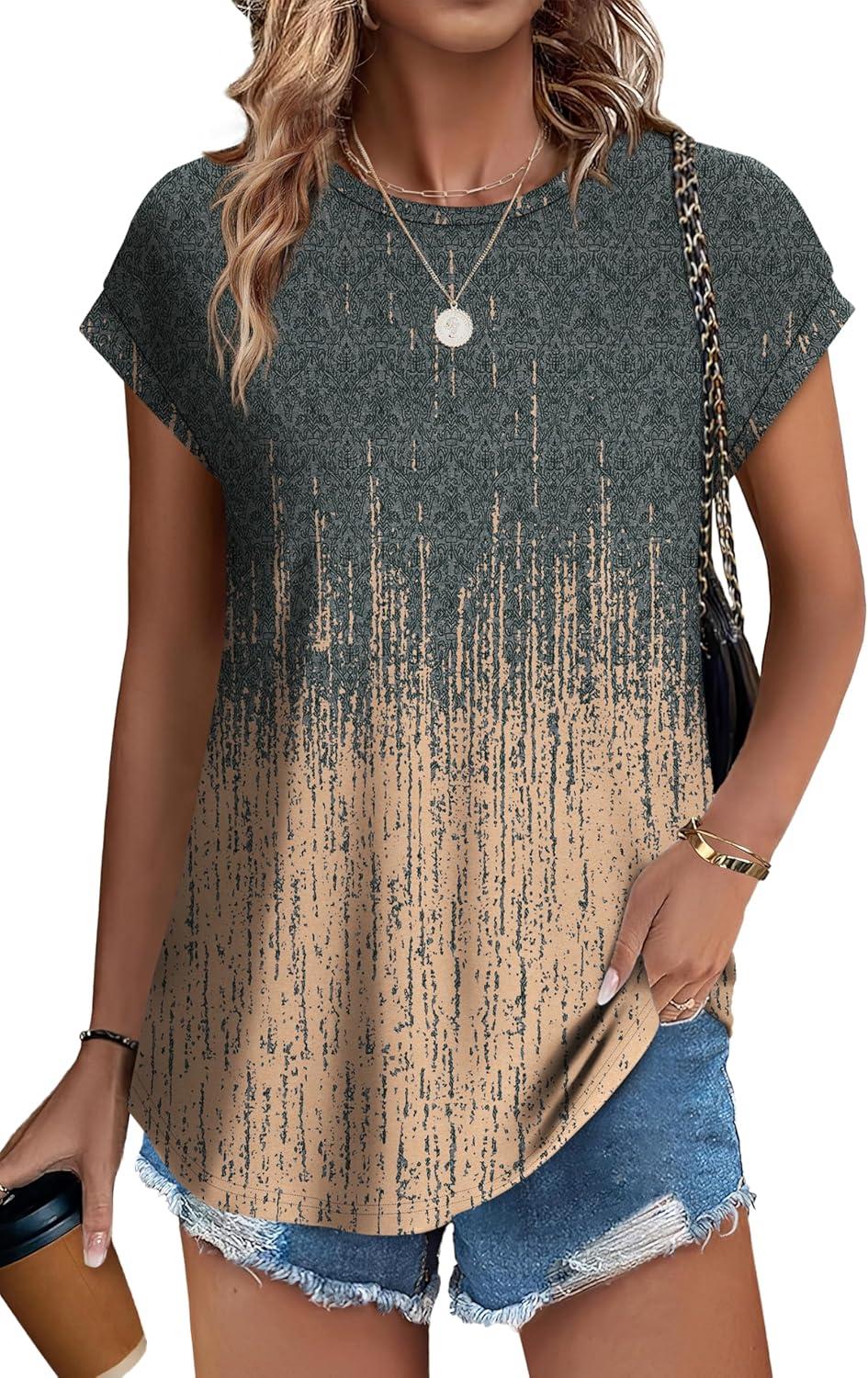 imageXIEERDUO Womens Tops Short Sleeve Shirts Blouses for Women Dressy Casual Cap Sleeve Tops with Curved HemVgrey Pink