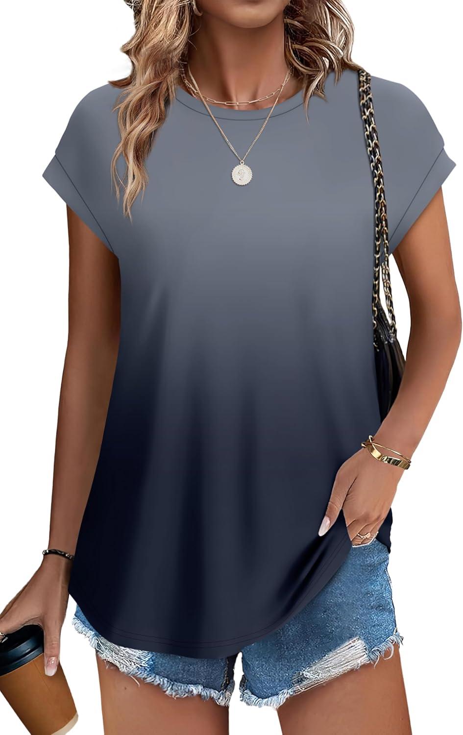 imageXIEERDUO Womens Tops Short Sleeve Shirts Blouses for Women Dressy Casual Cap Sleeve Tops with Curved HemWblack Gradient