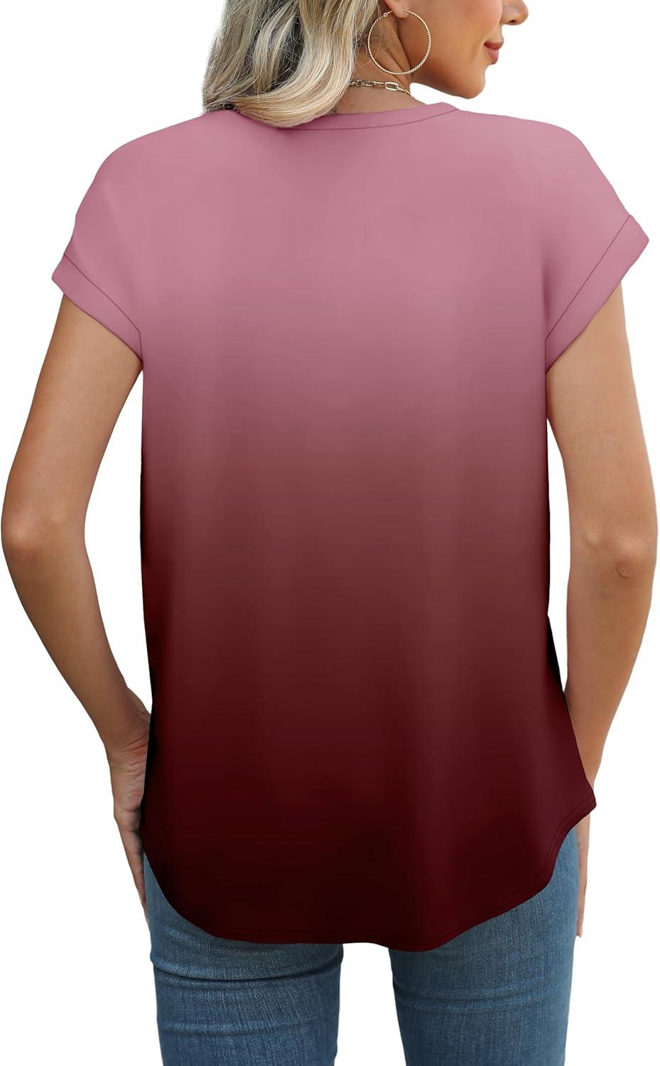 imageXIEERDUO Womens Tops Short Sleeve Shirts Blouses for Women Dressy Casual Cap Sleeve Tops with Curved HemWred Gradient