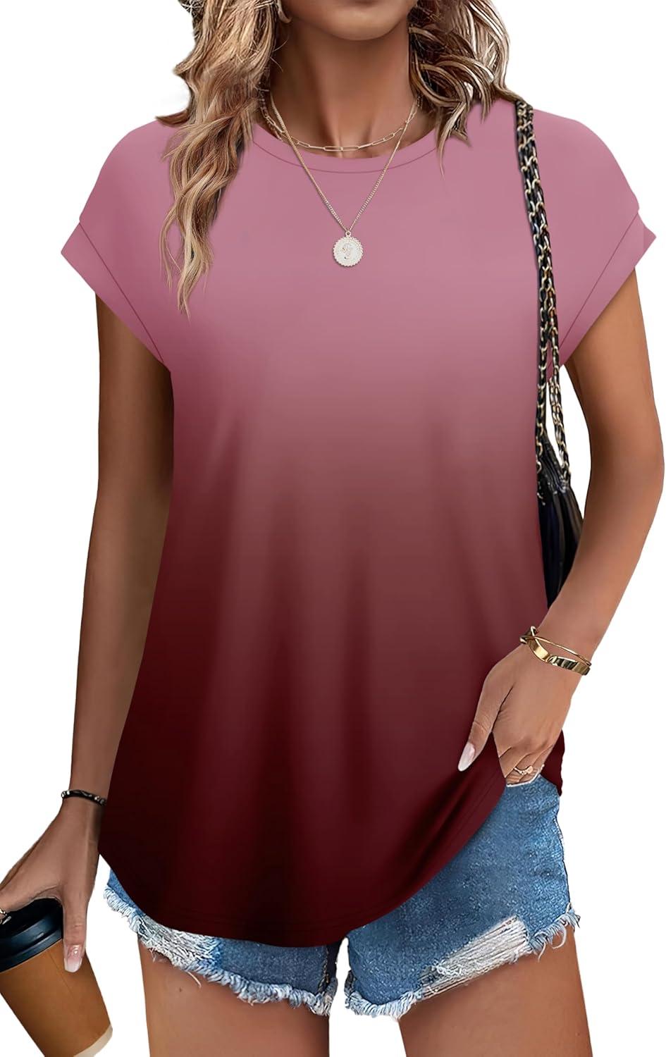 imageXIEERDUO Womens Tops Short Sleeve Shirts Blouses for Women Dressy Casual Cap Sleeve Tops with Curved HemWred Gradient
