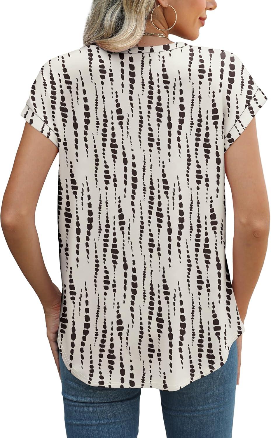 imageXIEERDUO Womens Tops Short Sleeve Shirts Blouses for Women Dressy Casual Cap Sleeve Tops with Curved HemXbeige Spots