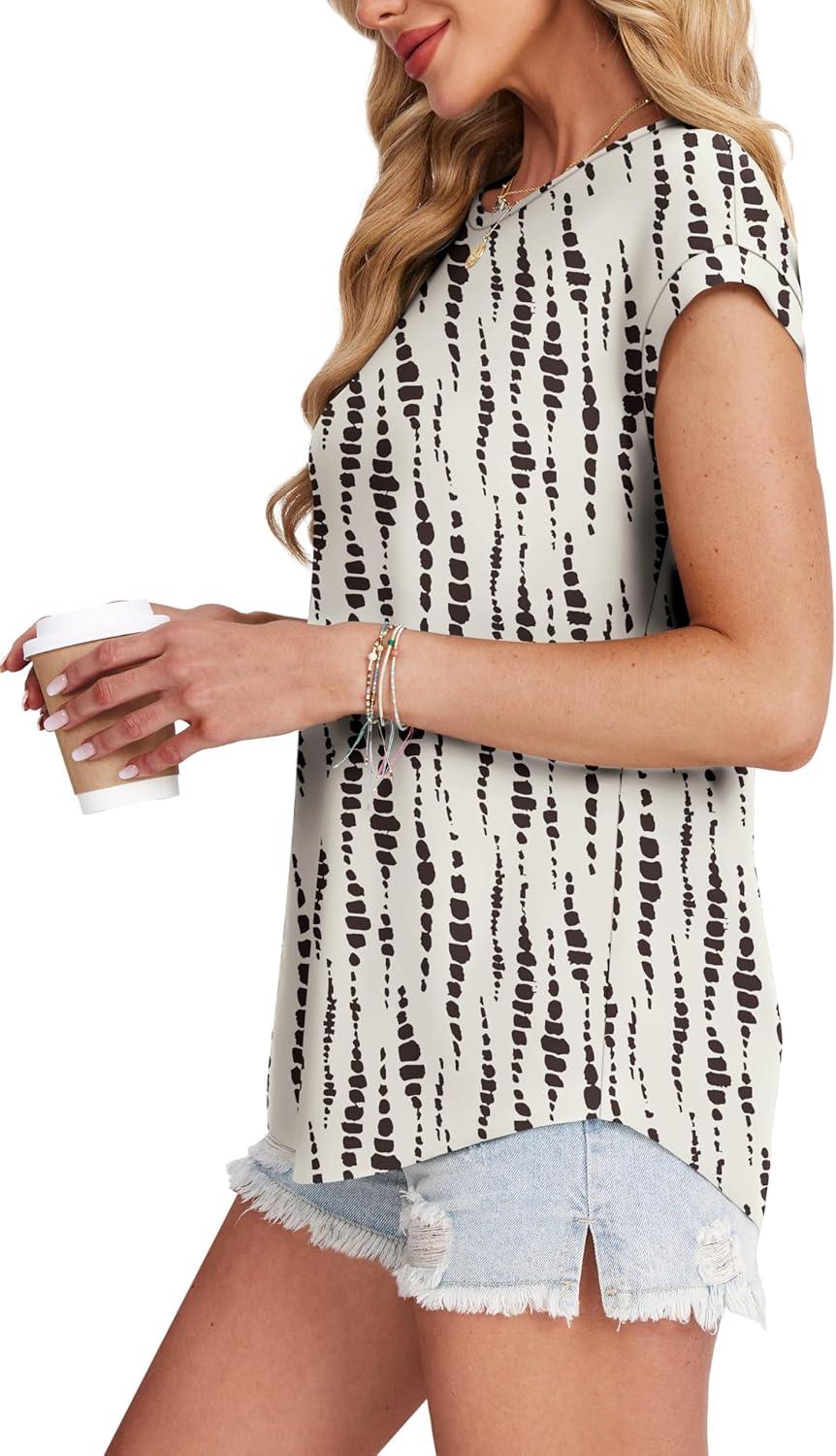 imageXIEERDUO Womens Tops Short Sleeve Shirts Blouses for Women Dressy Casual Cap Sleeve Tops with Curved HemXbeige Spots