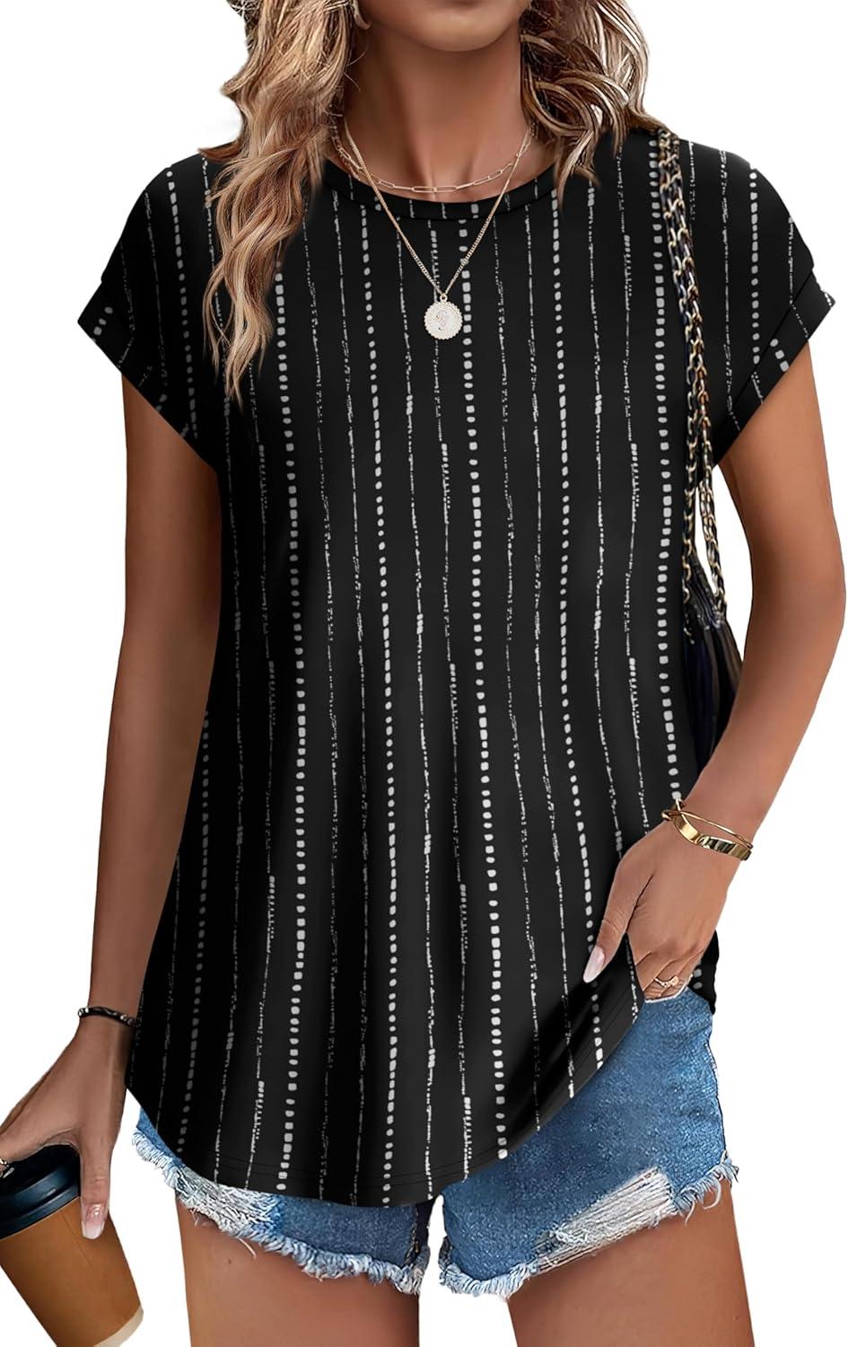 imageXIEERDUO Womens Tops Short Sleeve Shirts Blouses for Women Dressy Casual Cap Sleeve Tops with Curved HemXblack Stripes