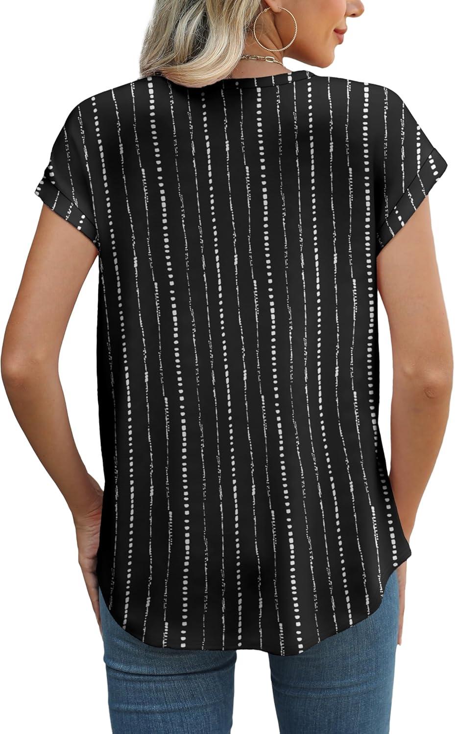 imageXIEERDUO Womens Tops Short Sleeve Shirts Blouses for Women Dressy Casual Cap Sleeve Tops with Curved HemXblack Stripes
