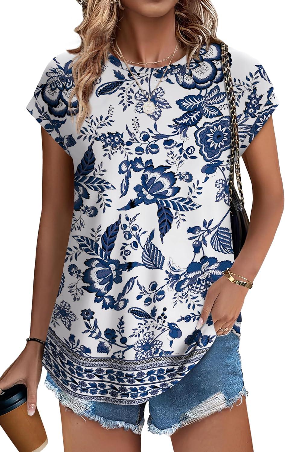 imageXIEERDUO Womens Tops Short Sleeve Shirts Blouses for Women Dressy Casual Cap Sleeve Tops with Curved HemXblue Folk Pattern