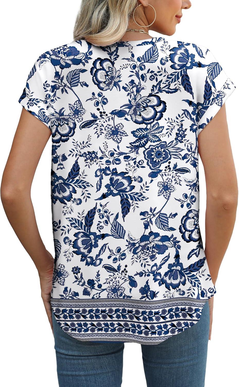 imageXIEERDUO Womens Tops Short Sleeve Shirts Blouses for Women Dressy Casual Cap Sleeve Tops with Curved HemXblue Folk Pattern