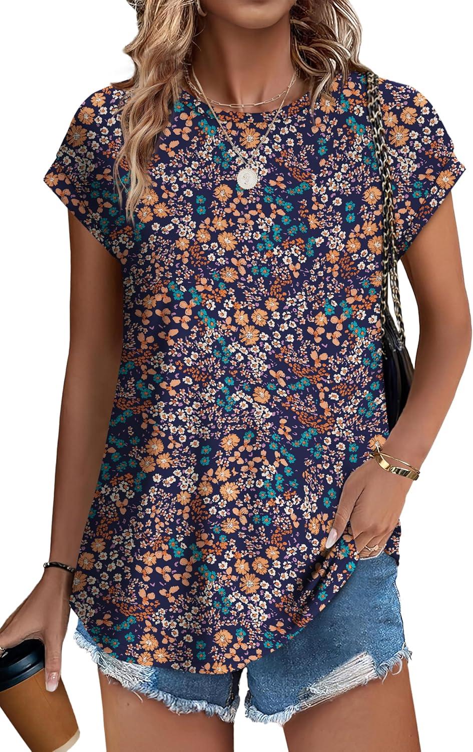 imageXIEERDUO Womens Tops Short Sleeve Shirts Blouses for Women Dressy Casual Cap Sleeve Tops with Curved HemXblue Orange Floral
