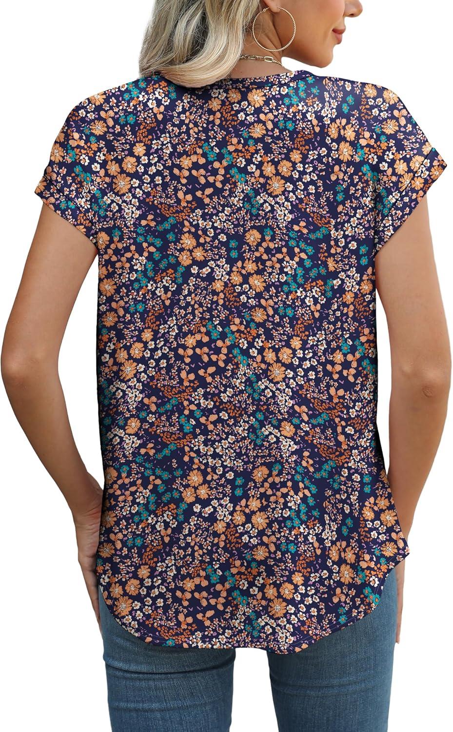 imageXIEERDUO Womens Tops Short Sleeve Shirts Blouses for Women Dressy Casual Cap Sleeve Tops with Curved HemXblue Orange Floral
