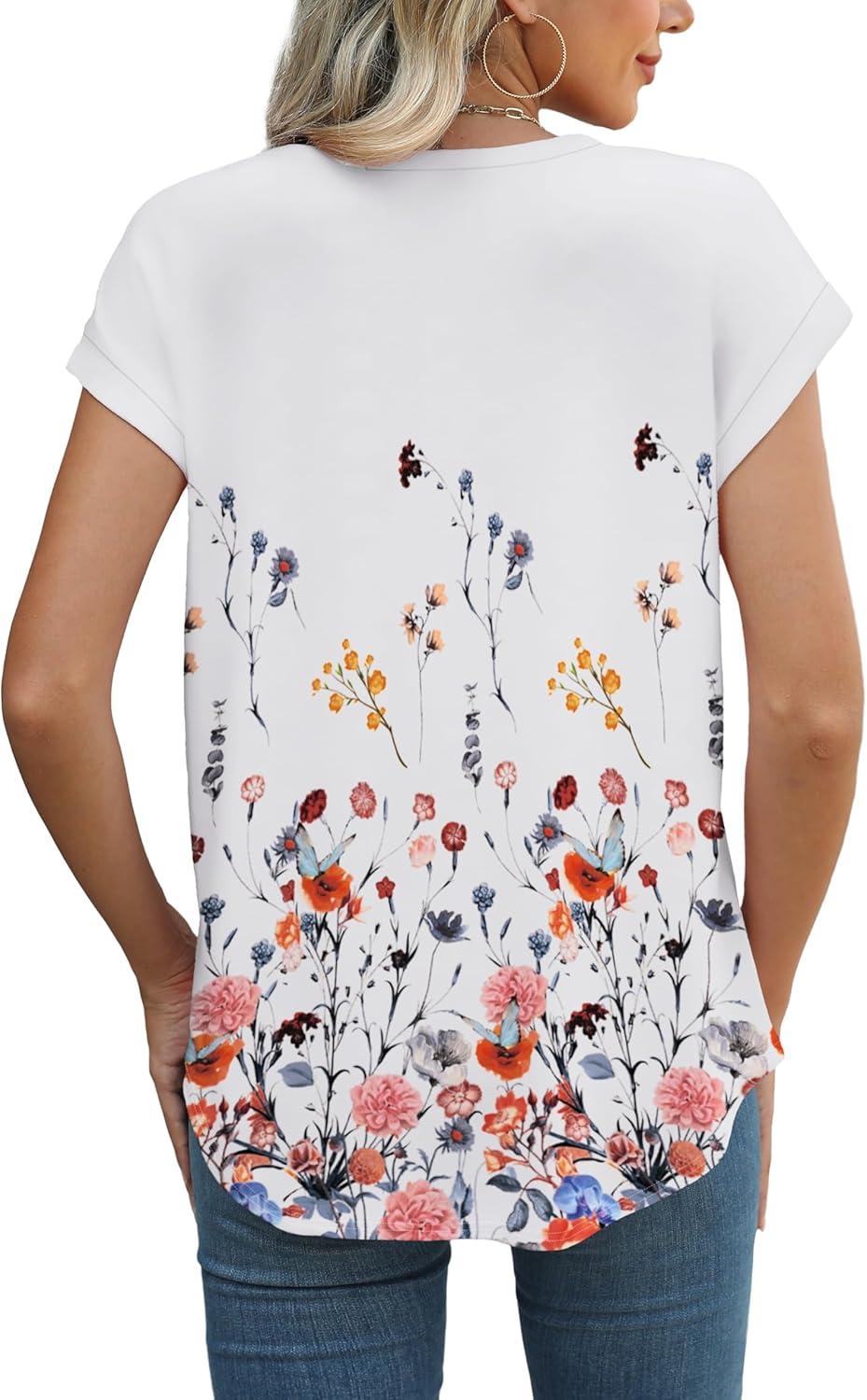 imageXIEERDUO Womens Tops Short Sleeve Shirts Blouses for Women Dressy Casual Cap Sleeve Tops with Curved HemXdandelion Floral