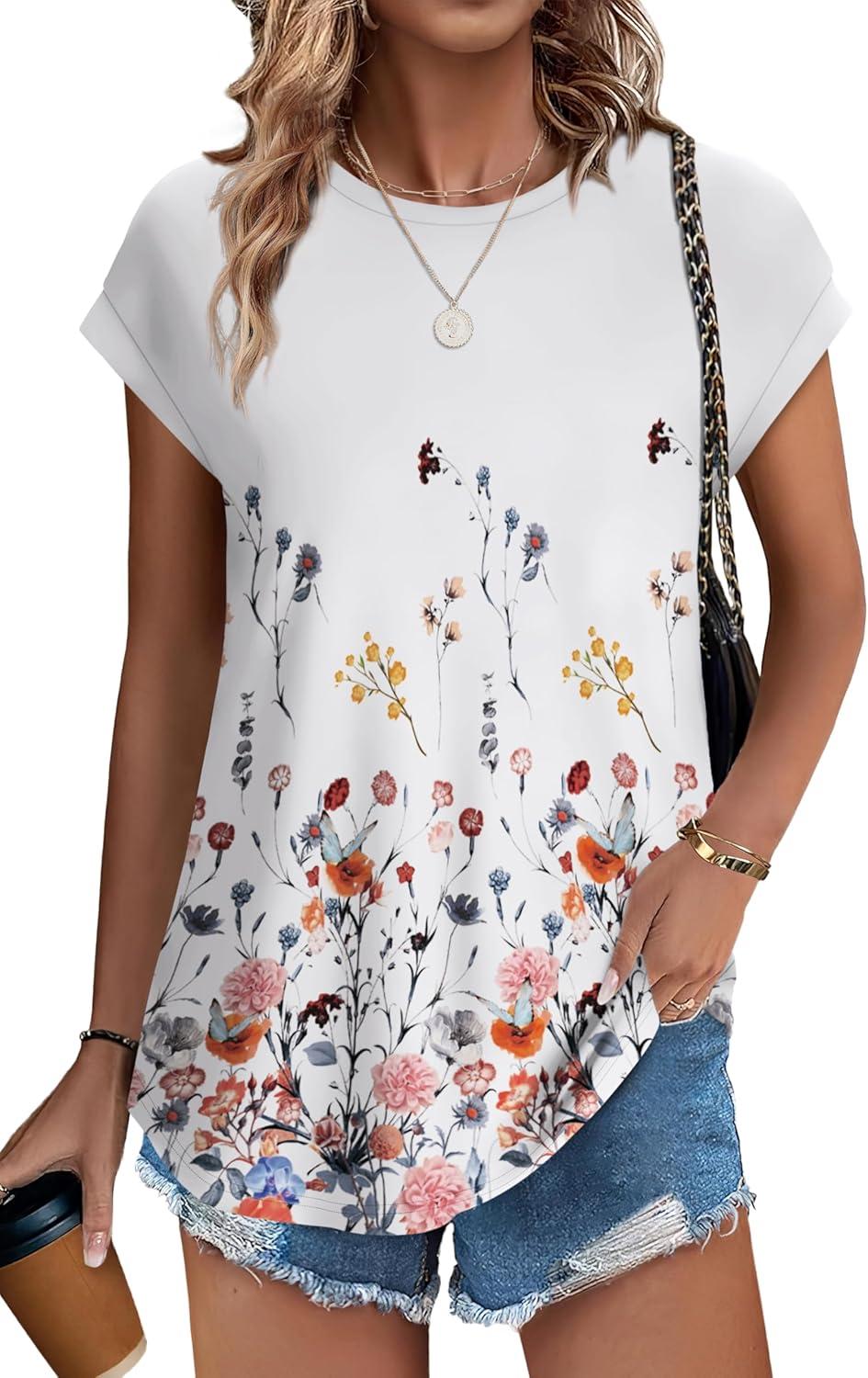 imageXIEERDUO Womens Tops Short Sleeve Shirts Blouses for Women Dressy Casual Cap Sleeve Tops with Curved HemXdandelion Floral