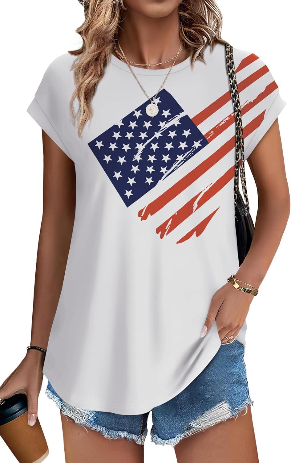 imageXIEERDUO Womens Tops Short Sleeve Shirts Blouses for Women Dressy Casual Cap Sleeve Tops with Curved HemXflag