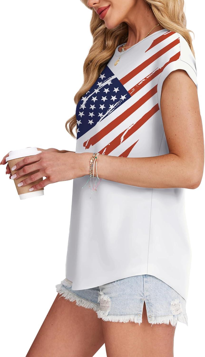 imageXIEERDUO Womens Tops Short Sleeve Shirts Blouses for Women Dressy Casual Cap Sleeve Tops with Curved HemXflag