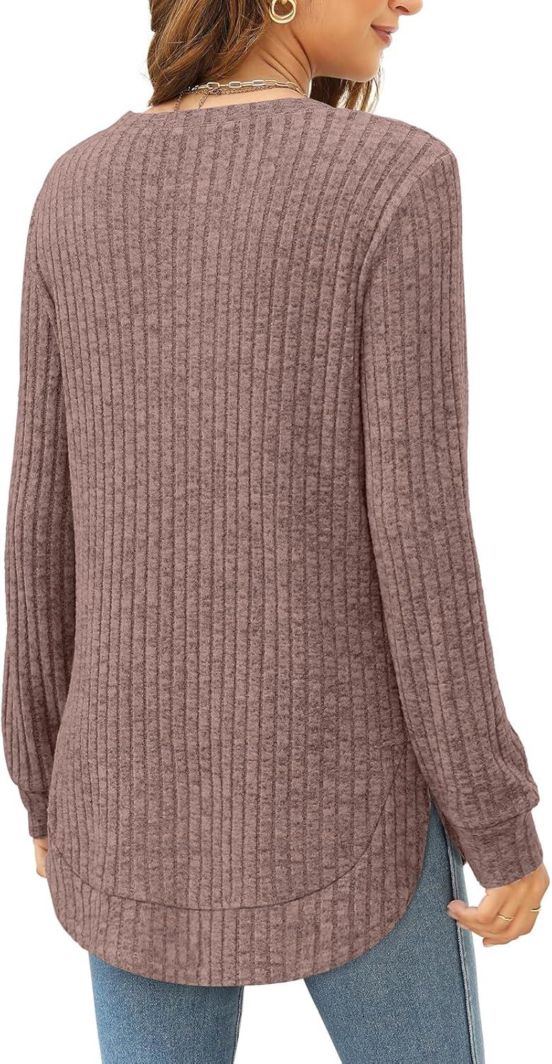 imageXIEERDUO Womens Tunic Tops Long Sleeve Shirts High Low Curved Hem Crewneck Sweater Loose FitRosybrown