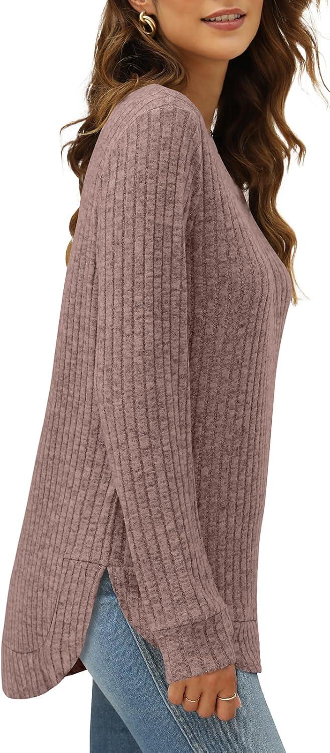 imageXIEERDUO Womens Tunic Tops Long Sleeve Shirts High Low Curved Hem Crewneck Sweater Loose FitRosybrown