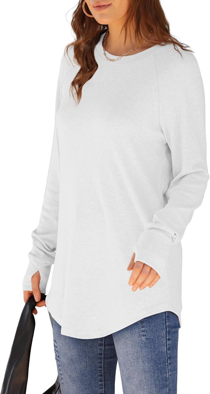imageXIEERDUO Womens Tunic Tops to Wear with Leggings Long Sleeve Thumb Hole Shirts Crew Neck Curved HemAwhite