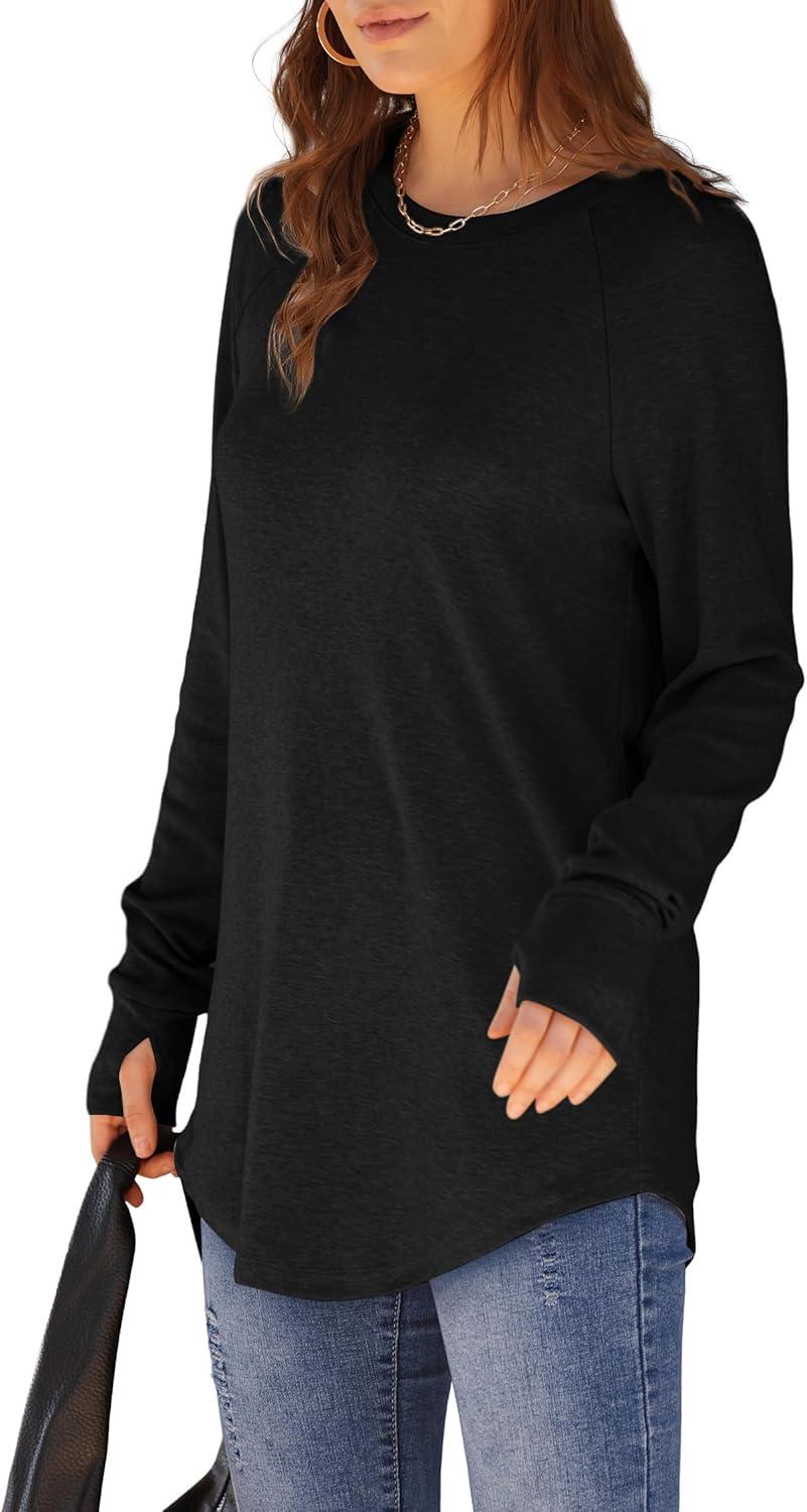 imageXIEERDUO Womens Tunic Tops to Wear with Leggings Long Sleeve Thumb Hole Shirts Crew Neck Curved HemBblack