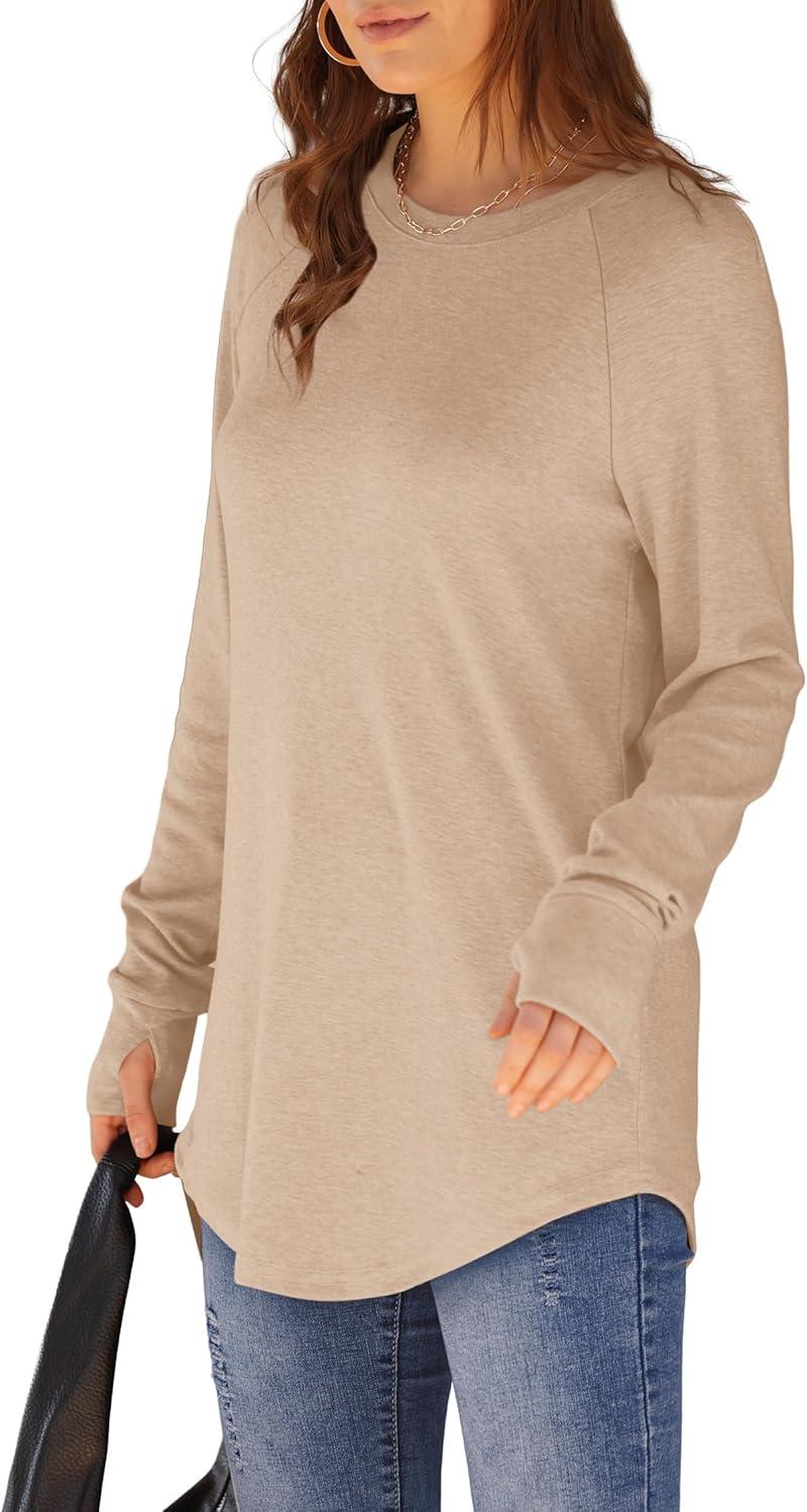 imageXIEERDUO Womens Tunic Tops to Wear with Leggings Long Sleeve Thumb Hole Shirts Crew Neck Curved HemCbeige
