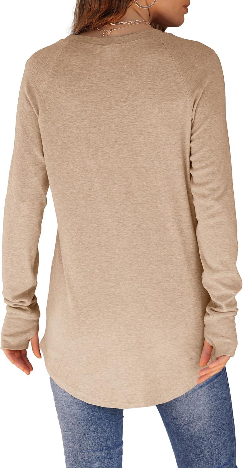 imageXIEERDUO Womens Tunic Tops to Wear with Leggings Long Sleeve Thumb Hole Shirts Crew Neck Curved HemCbeige