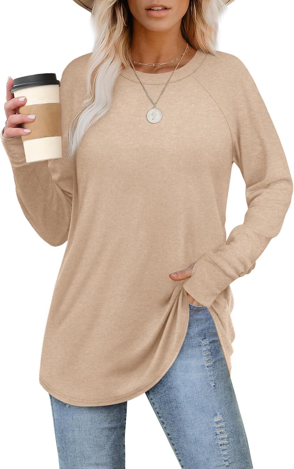 imageXIEERDUO Womens Tunic Tops to Wear with Leggings Long Sleeve Thumb Hole Shirts Crew Neck Curved HemCbeige