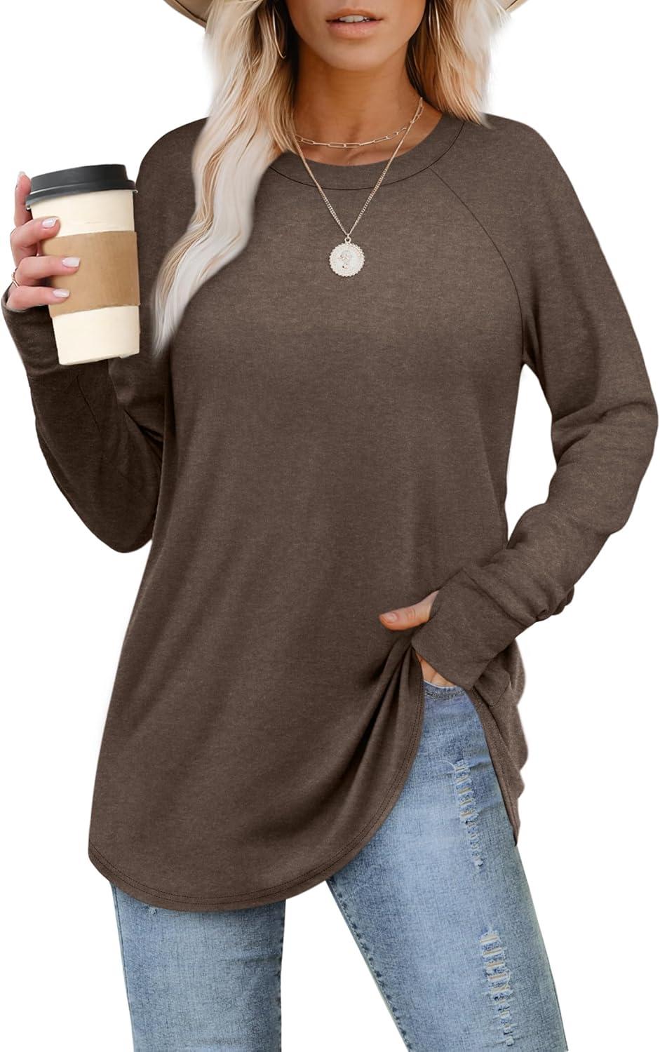 imageXIEERDUO Womens Tunic Tops to Wear with Leggings Long Sleeve Thumb Hole Shirts Crew Neck Curved HemDcoffee