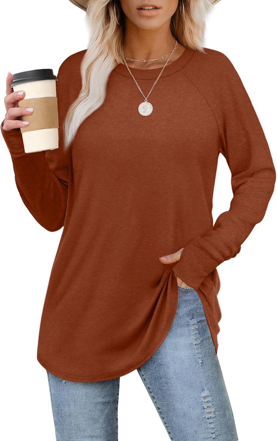 imageXIEERDUO Womens Tunic Tops to Wear with Leggings Long Sleeve Thumb Hole Shirts Crew Neck Curved HemEbrown