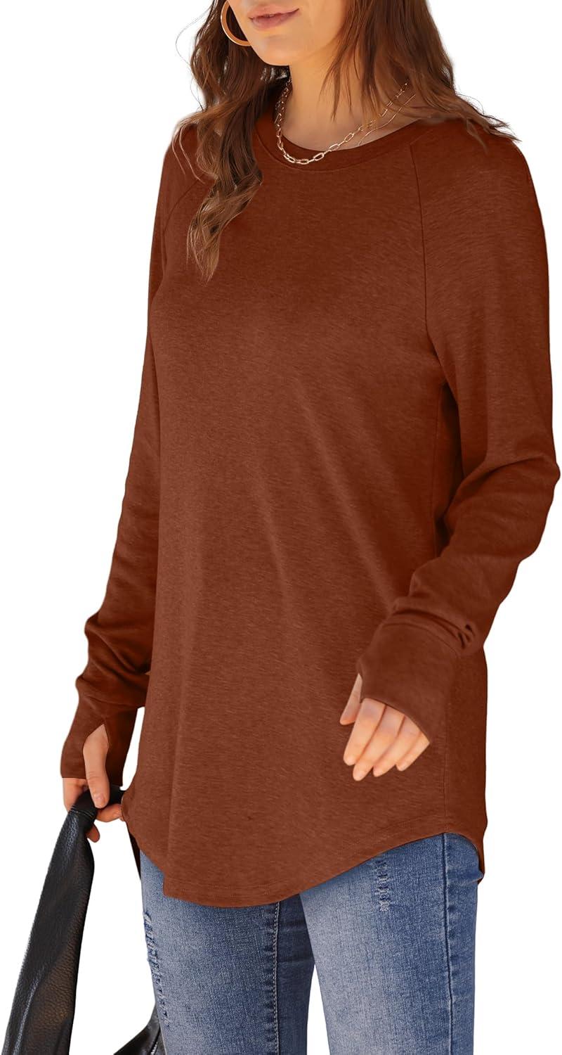 imageXIEERDUO Womens Tunic Tops to Wear with Leggings Long Sleeve Thumb Hole Shirts Crew Neck Curved HemEbrown