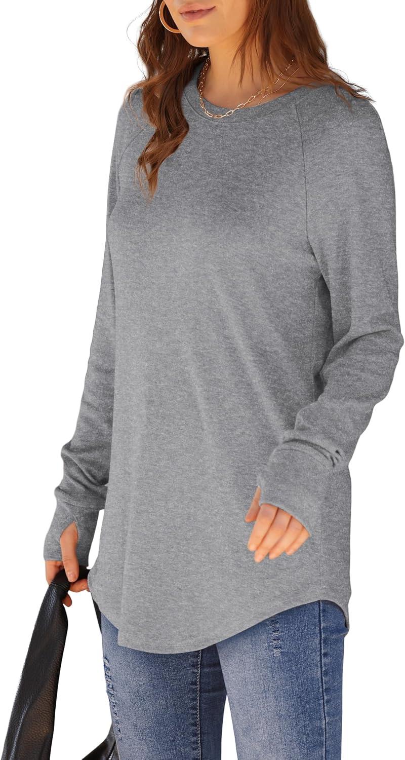 imageXIEERDUO Womens Tunic Tops to Wear with Leggings Long Sleeve Thumb Hole Shirts Crew Neck Curved HemFgrey