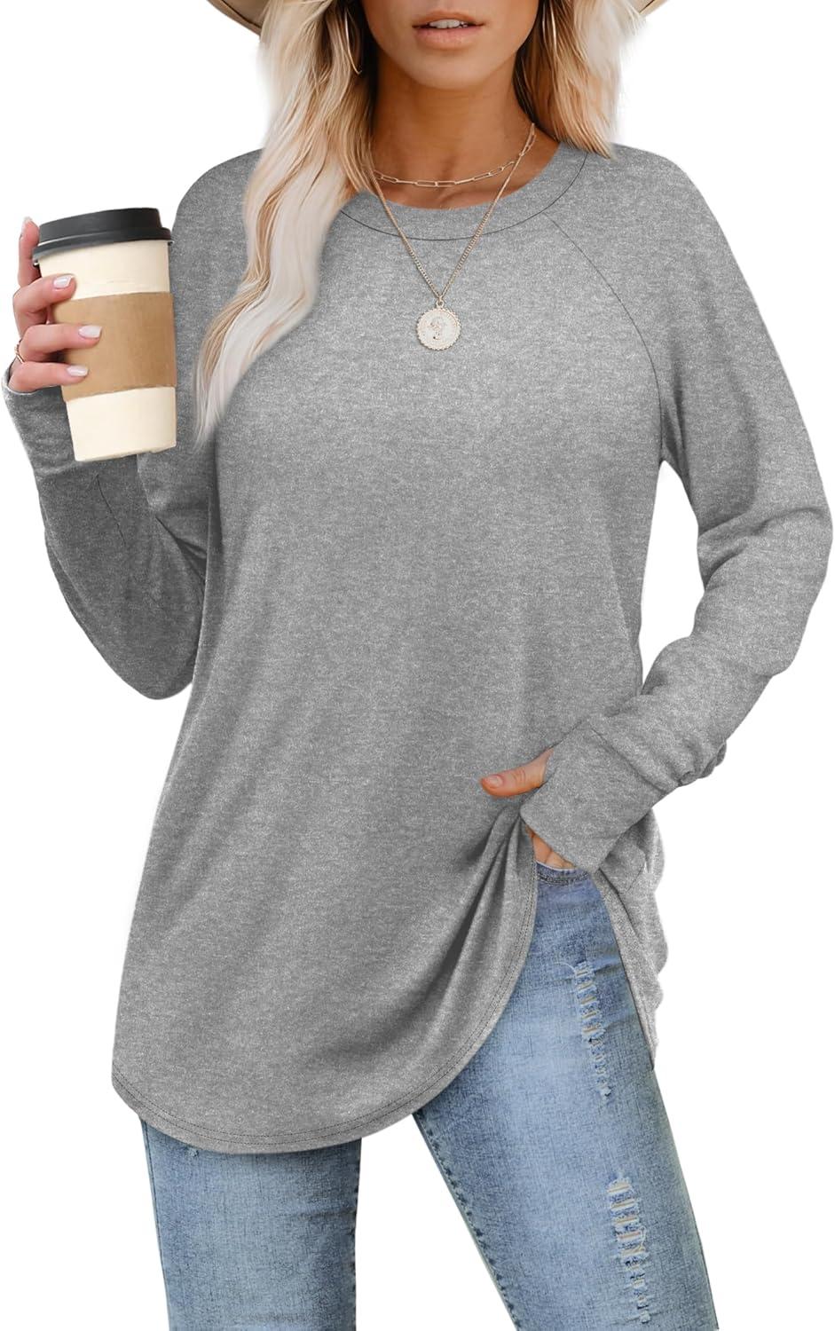 imageXIEERDUO Womens Tunic Tops to Wear with Leggings Long Sleeve Thumb Hole Shirts Crew Neck Curved HemFgrey