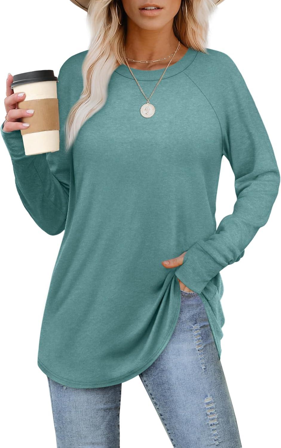 imageXIEERDUO Womens Tunic Tops to Wear with Leggings Long Sleeve Thumb Hole Shirts Crew Neck Curved HemGgreyblue