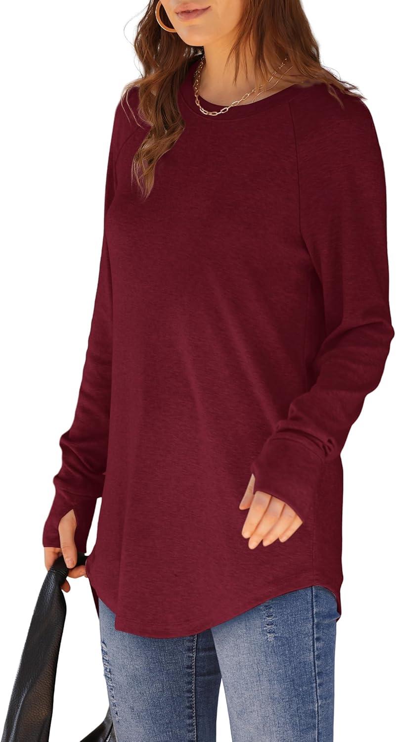 imageXIEERDUO Womens Tunic Tops to Wear with Leggings Long Sleeve Thumb Hole Shirts Crew Neck Curved HemHburgundy