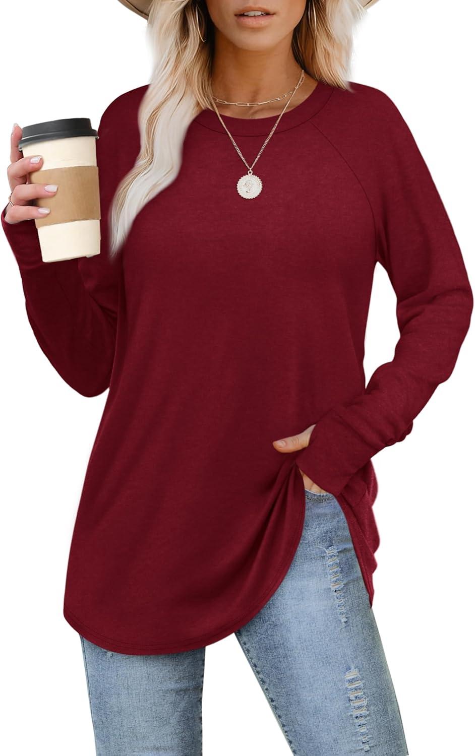 imageXIEERDUO Womens Tunic Tops to Wear with Leggings Long Sleeve Thumb Hole Shirts Crew Neck Curved HemHburgundy