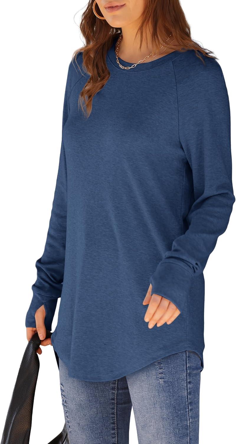 imageXIEERDUO Womens Tunic Tops to Wear with Leggings Long Sleeve Thumb Hole Shirts Crew Neck Curved HemIblue