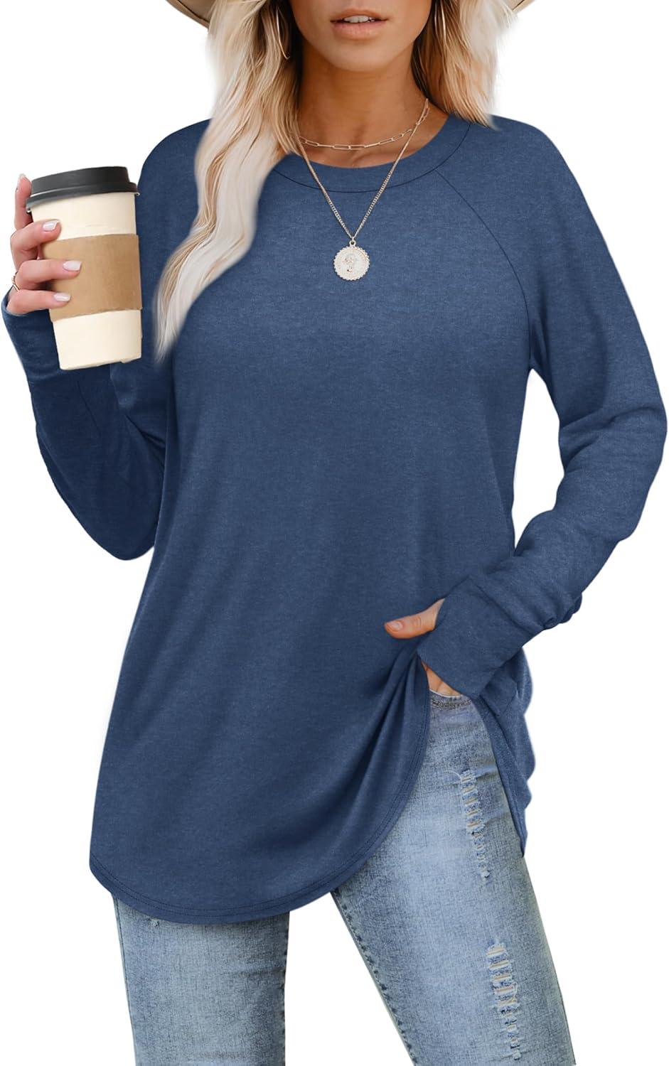 imageXIEERDUO Womens Tunic Tops to Wear with Leggings Long Sleeve Thumb Hole Shirts Crew Neck Curved HemIblue