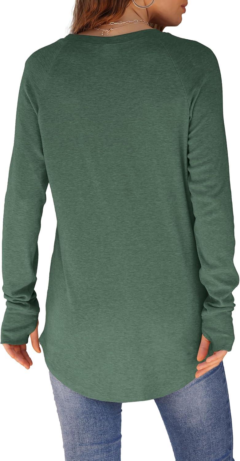 imageXIEERDUO Womens Tunic Tops to Wear with Leggings Long Sleeve Thumb Hole Shirts Crew Neck Curved HemJgreen