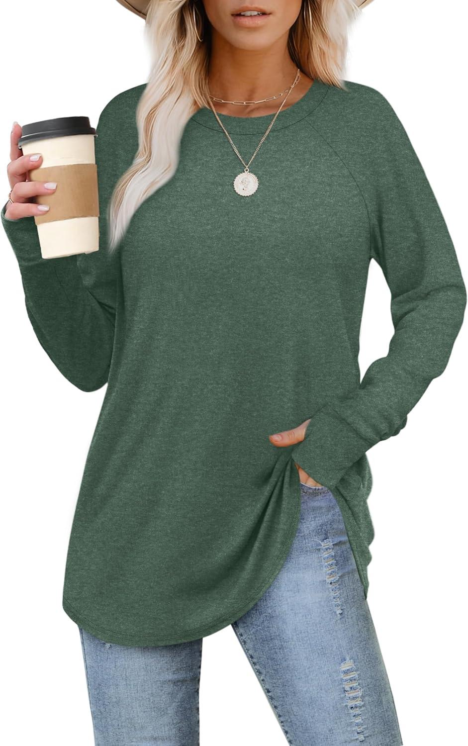 imageXIEERDUO Womens Tunic Tops to Wear with Leggings Long Sleeve Thumb Hole Shirts Crew Neck Curved HemJgreen