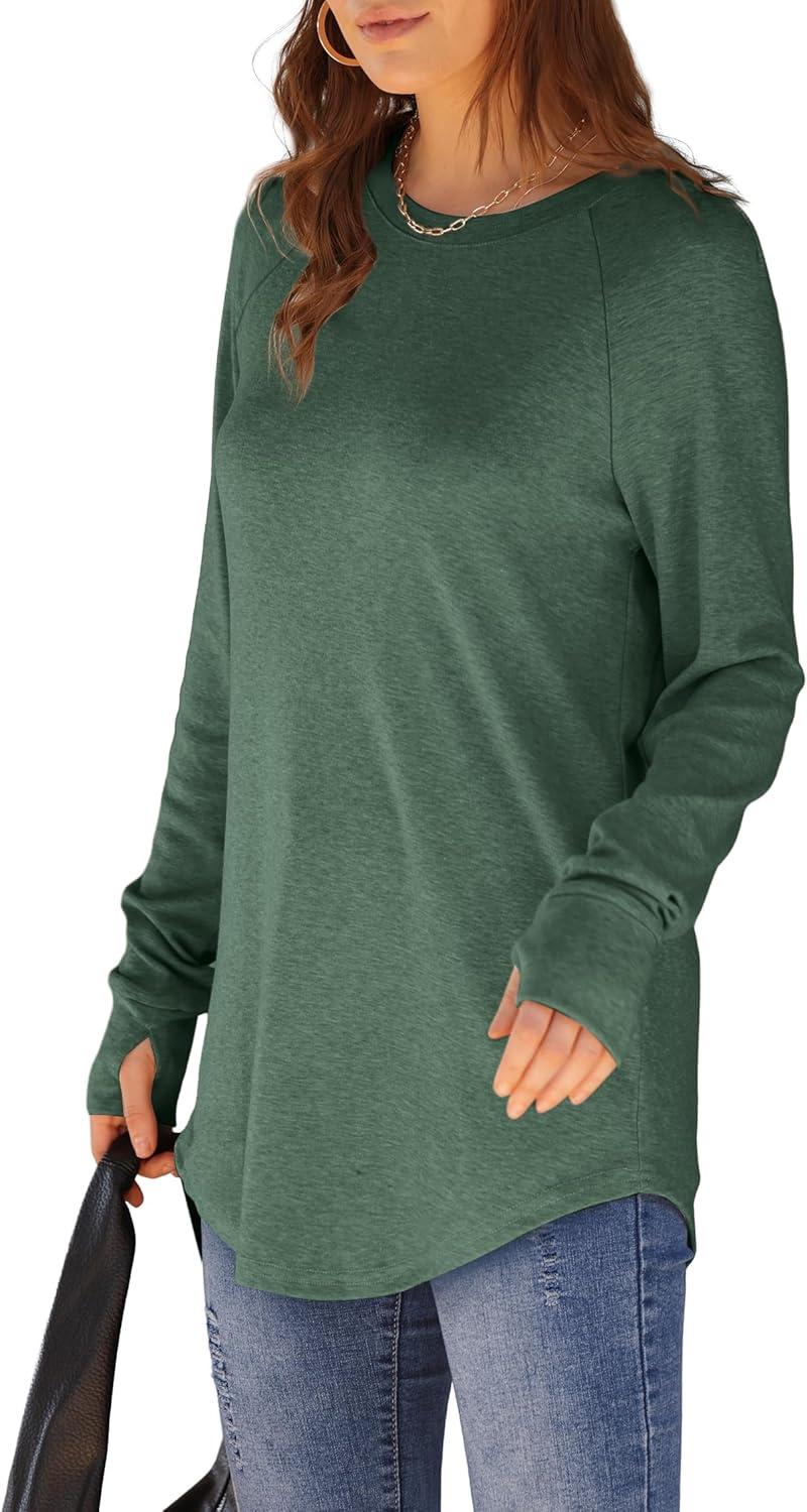 imageXIEERDUO Womens Tunic Tops to Wear with Leggings Long Sleeve Thumb Hole Shirts Crew Neck Curved HemJgreen