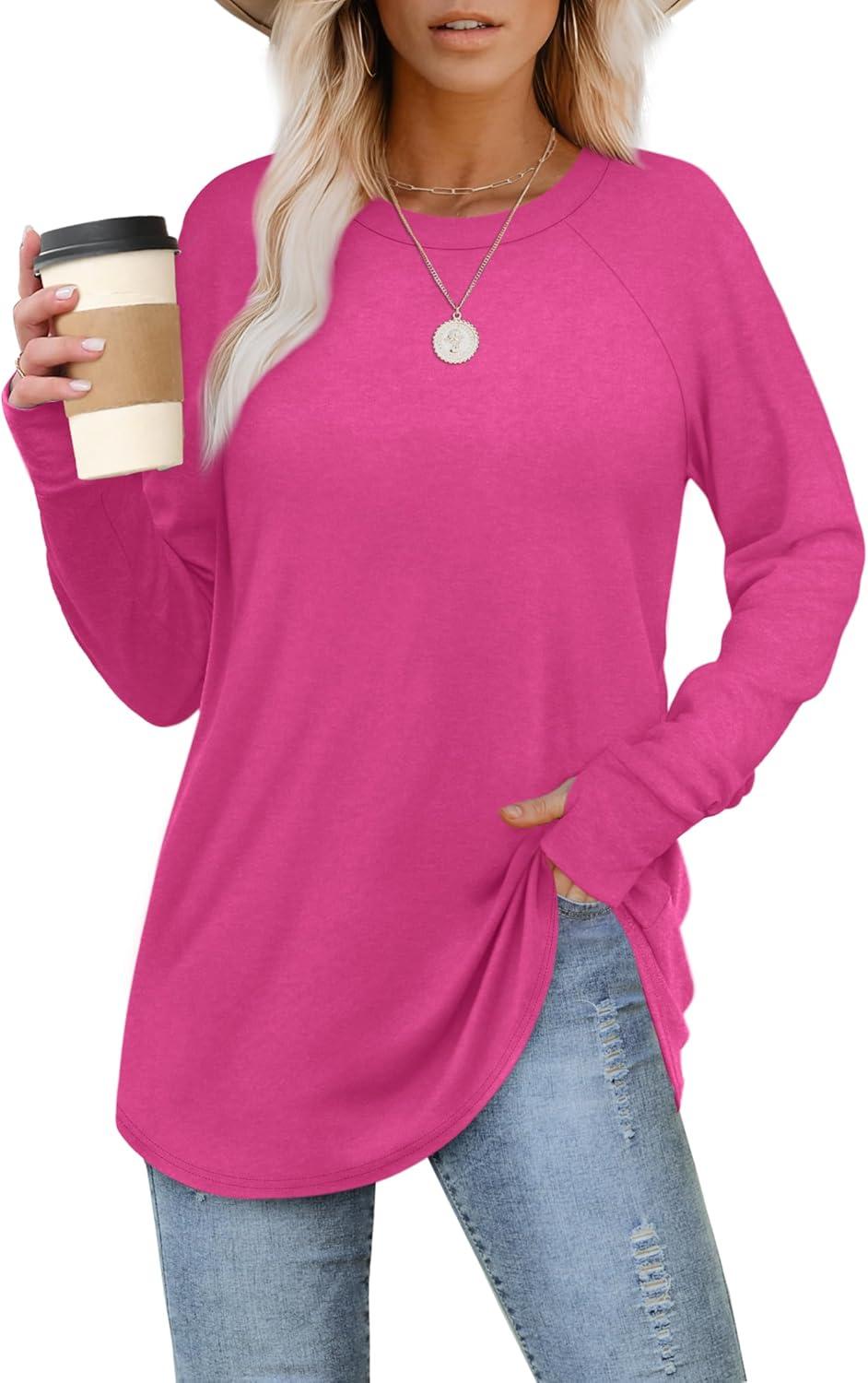 imageXIEERDUO Womens Tunic Tops to Wear with Leggings Long Sleeve Thumb Hole Shirts Crew Neck Curved HemKhotpink