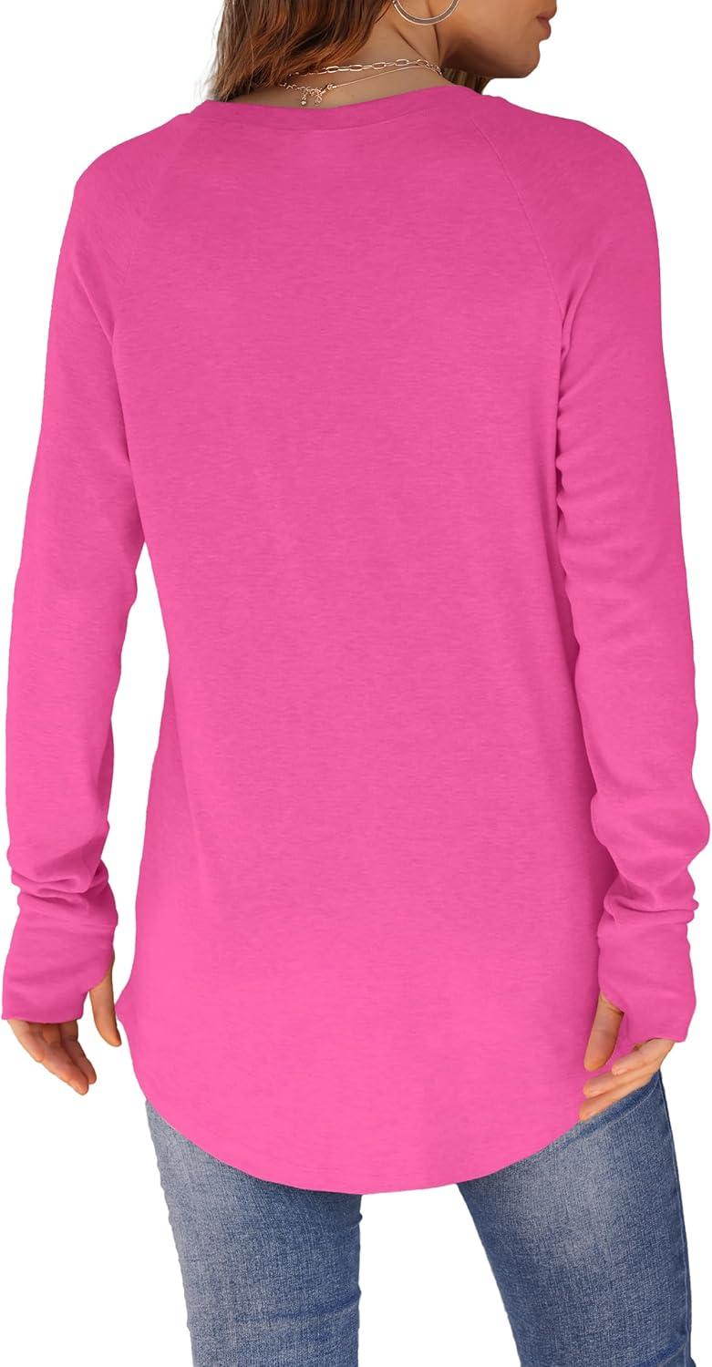 imageXIEERDUO Womens Tunic Tops to Wear with Leggings Long Sleeve Thumb Hole Shirts Crew Neck Curved HemKhotpink