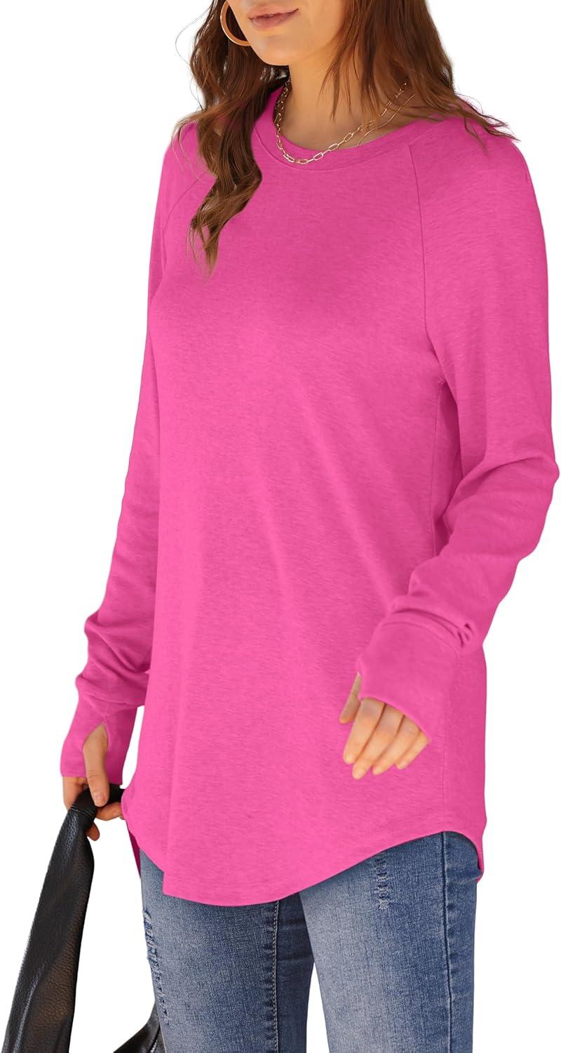 imageXIEERDUO Womens Tunic Tops to Wear with Leggings Long Sleeve Thumb Hole Shirts Crew Neck Curved HemKhotpink