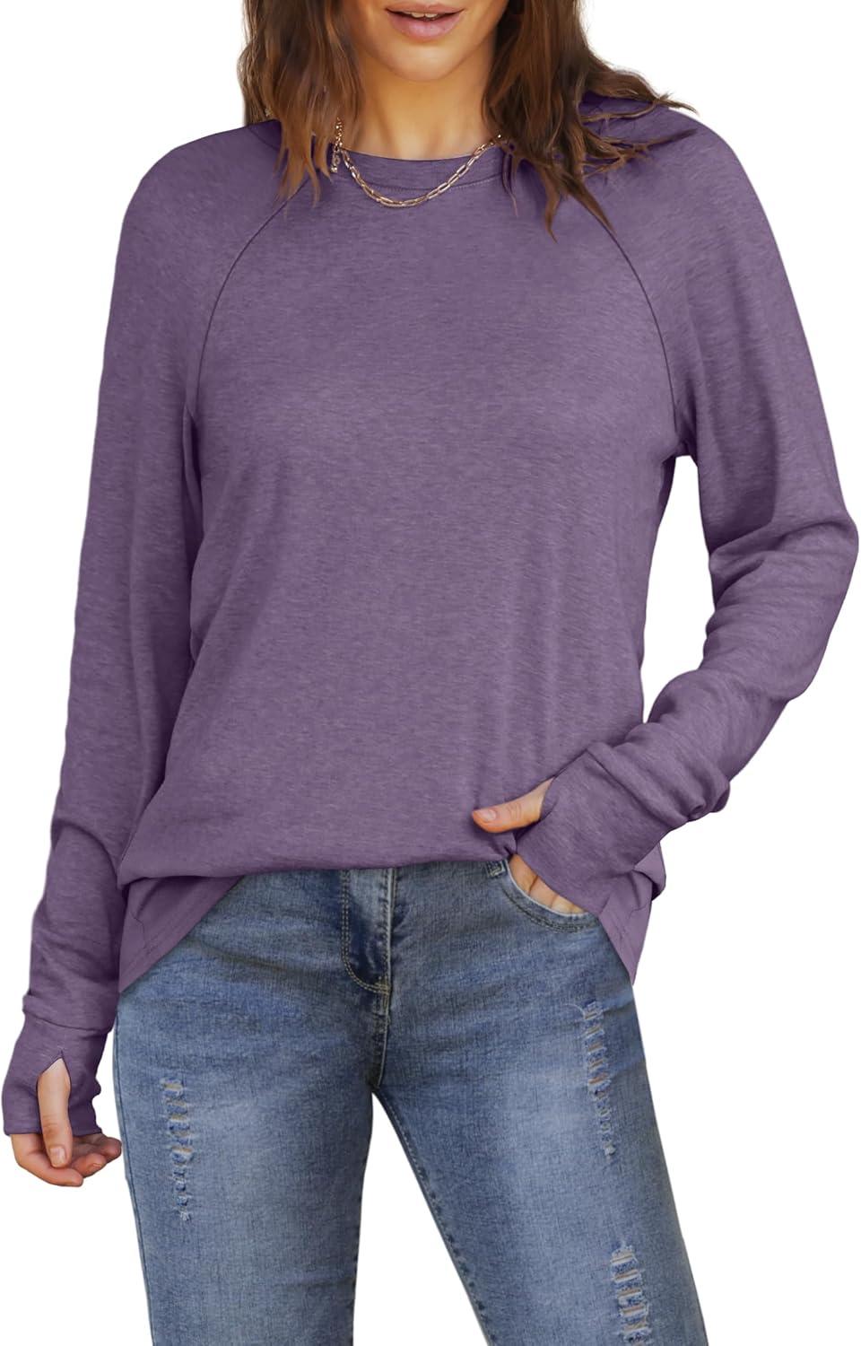imageXIEERDUO Womens Tunic Tops to Wear with Leggings Long Sleeve Thumb Hole Shirts Crew Neck Curved HemMdark Purple