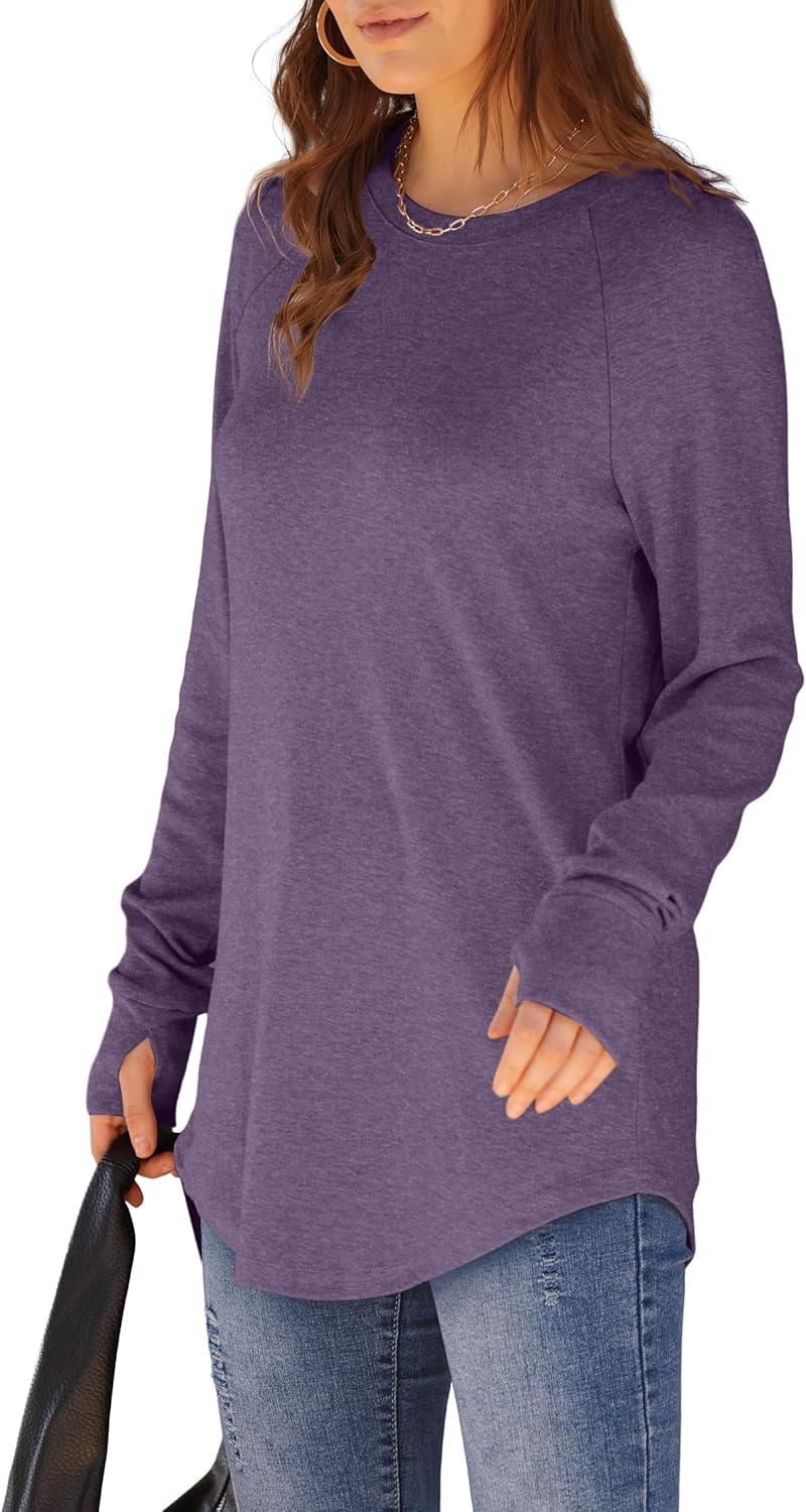 imageXIEERDUO Womens Tunic Tops to Wear with Leggings Long Sleeve Thumb Hole Shirts Crew Neck Curved HemMdark Purple