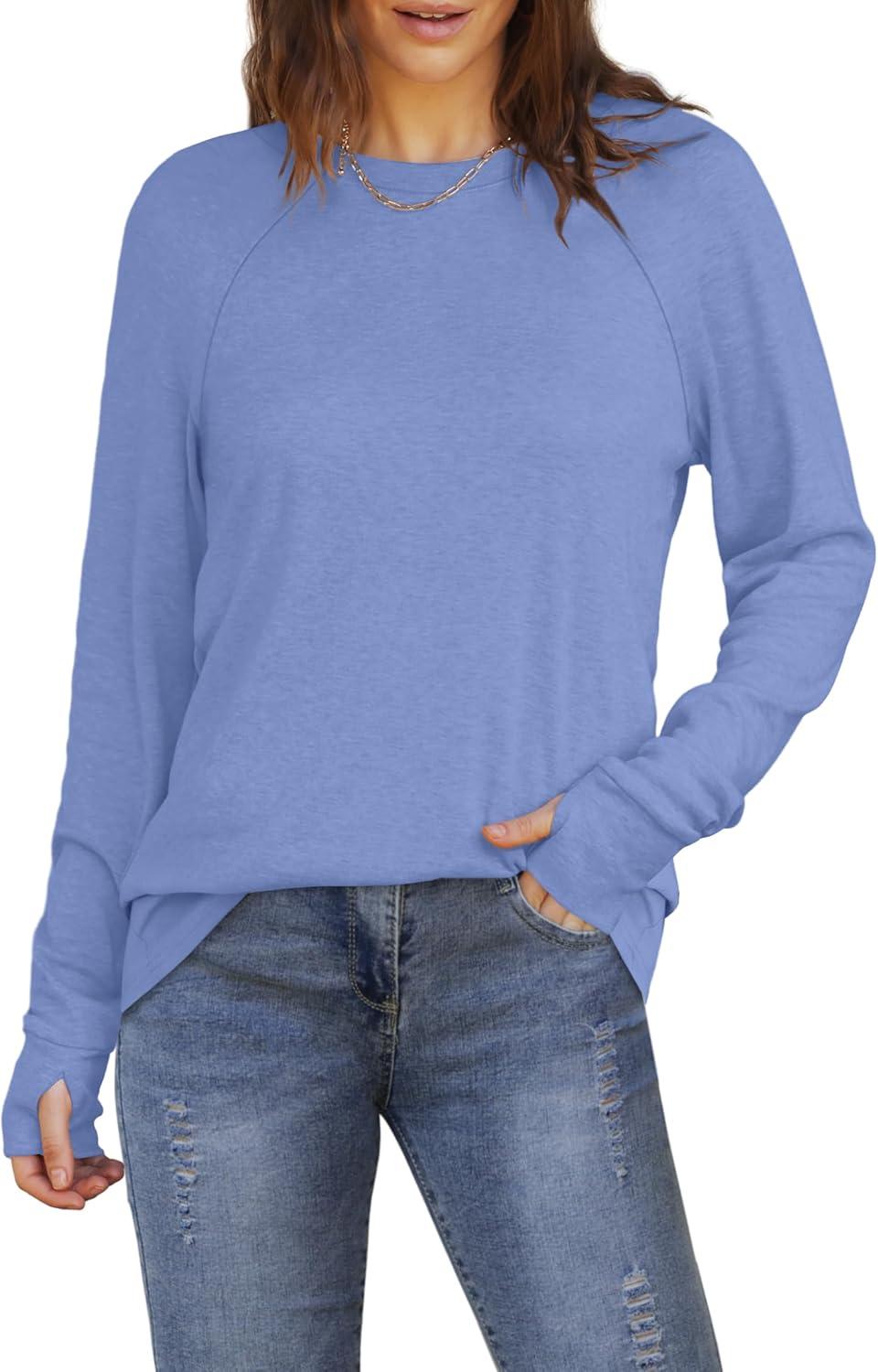 imageXIEERDUO Womens Tunic Tops to Wear with Leggings Long Sleeve Thumb Hole Shirts Crew Neck Curved HemNlight Blue