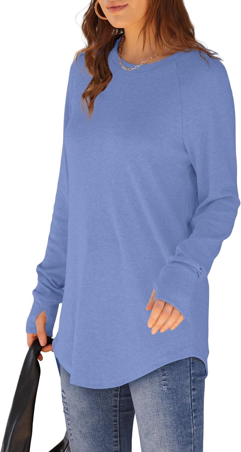 imageXIEERDUO Womens Tunic Tops to Wear with Leggings Long Sleeve Thumb Hole Shirts Crew Neck Curved HemNlight Blue