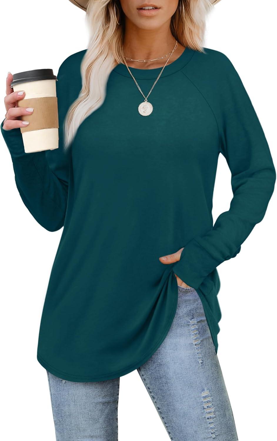 imageXIEERDUO Womens Tunic Tops to Wear with Leggings Long Sleeve Thumb Hole Shirts Crew Neck Curved HemObluegreen