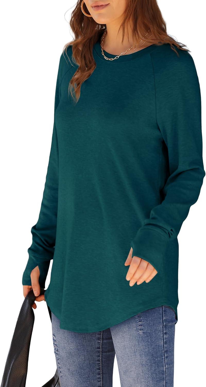imageXIEERDUO Womens Tunic Tops to Wear with Leggings Long Sleeve Thumb Hole Shirts Crew Neck Curved HemObluegreen