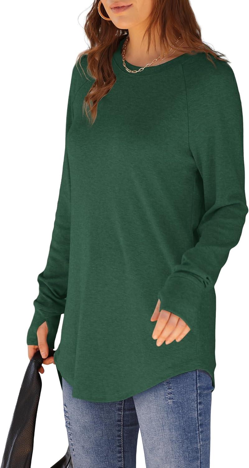 imageXIEERDUO Womens Tunic Tops to Wear with Leggings Long Sleeve Thumb Hole Shirts Crew Neck Curved HemOdark Green